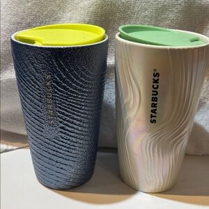 Pair of Starbucks Textured Tumblers Blue & Iridescent cream.